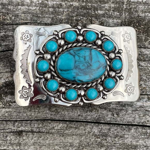 NickelSilver Bell Other - Nickel Silver Bell Faux Turquoise Small Vintage Native American Belt Buckle